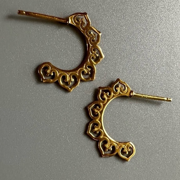 24K Gold Laser Cut Heart Half Hoop Earrings - Picture 5 of 12